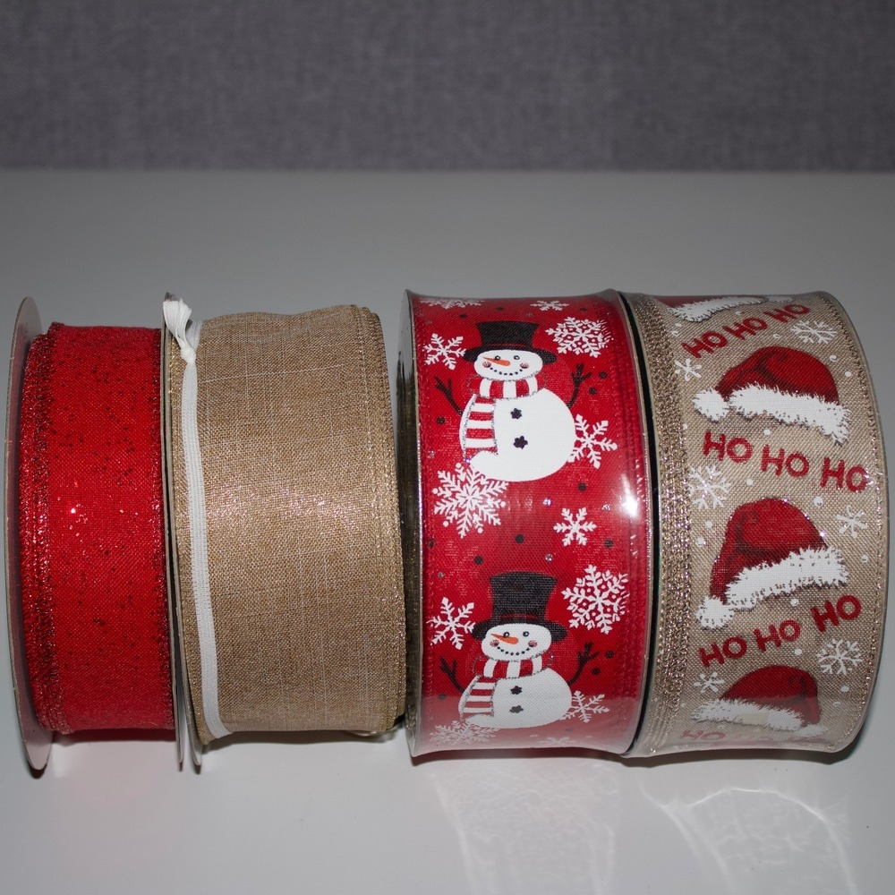 Wired Ribbon Christmas Snowman Santa Hat Set 4 Rolls 50yd Each Red Gold NWT